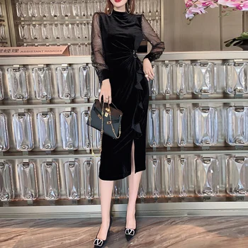

High Quality 2020 Autumn New Women'S Fashion Party Casual Elegant Chic Mesh Long Sleeve Appliques Sexy Velvet Midi Dress