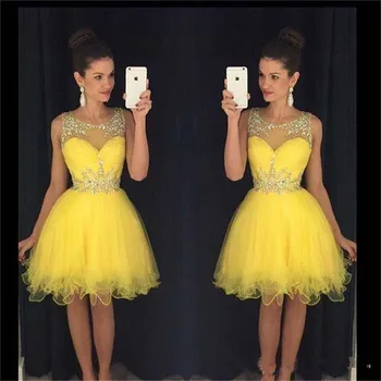 

Yellow 2019 Homecoming Dresses A-line Knee Length Organza Ruffles Beaded Cocktail Dresses