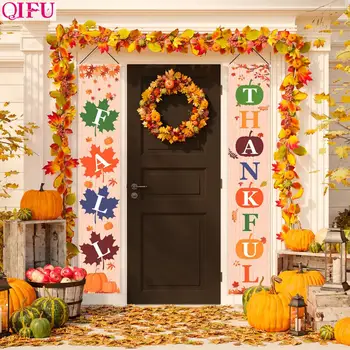 

QIFU Happy Fall Thankful Banner Thanksgiving Decoration Autumn Party Supplies Halloween Party Decor Door Banner Outdoor Decor