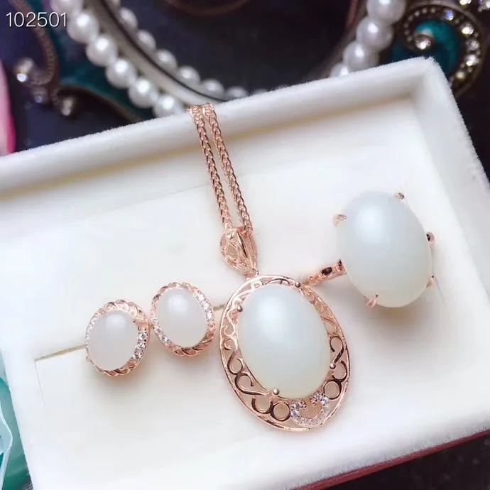 suit KJJEAXCMY boutique jewelry 925 sterling silver inlaid Natural White jade Necklace Ring Earring Set Support detection exquisite - Цвет камня: suit
