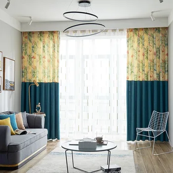 

Semi-shading curtain cloth in guest Simple modern polyester linen printing splicing curtain for living room bedroom dining room