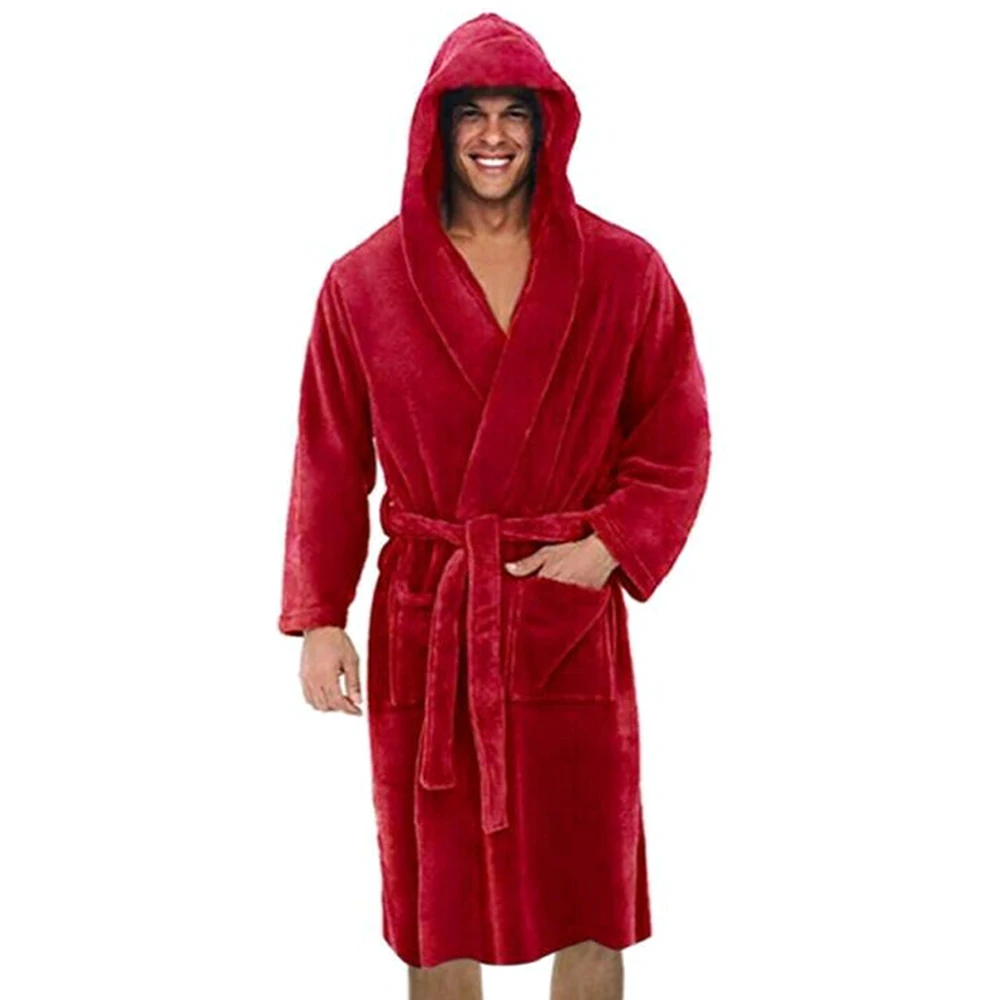 Winter Pocket Robes Mens Solid Hooded Bathrobe with Belt  Luxury Robe Sleepwear for Men Clothing Robes mens cotton pjs