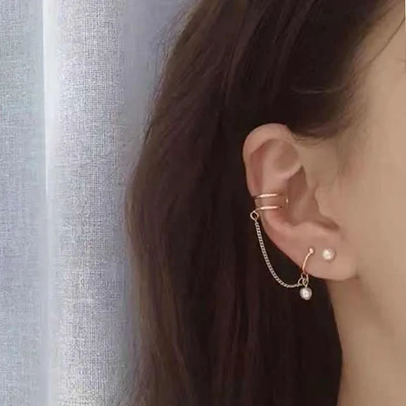 Корейские золотые жемчужные серьги с костяными манжетами клипсы для женщин и