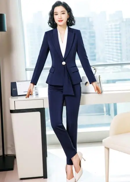 pant suit for wedding guest Formal Women Pink Pant Suits Office Ladies Work Wear Apparel Tie Collar Jacket Blazer and Trouser Outfit Winter Fall 2 Piece Set short pants suit Suits & Blazers