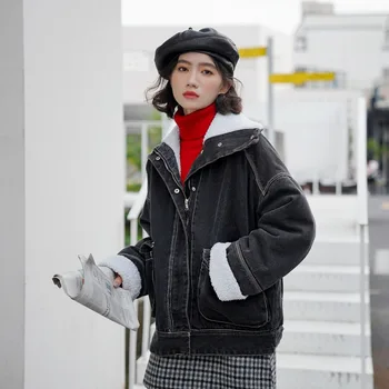 

Warm Thick black Denim Jacket Women Winter 2019 Lamb wool Lining Loose Jeans Coats and Jackets Women Veste En Jean Femme