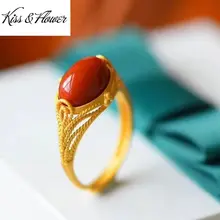 

KISS&FLOWER RI121 Fine Jewelry Wholesale Fashion Woman Girl Birthday Wedding Gift Vintage Oval Jade 24KT Gold Resizable Ring