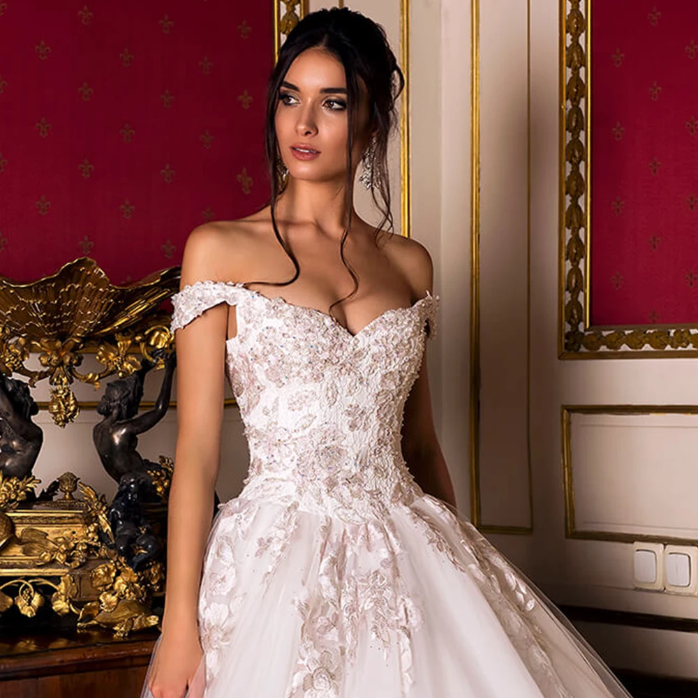 Vestido de Noiva, бальное платье с вырезом лодочкой и аппликацией из бисера, свадебное платье, роскошное платье Hochzeitskleid с открытыми плечами, Robe de Mariage