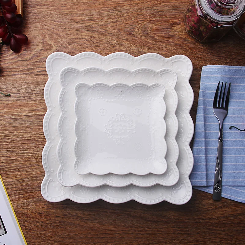 

Creative Pure White Ceramic Tableware Steak Plate Western Dish Embossed Dessert Flat Plate Disc Pasta Dish Fish Plate Fruit Tray