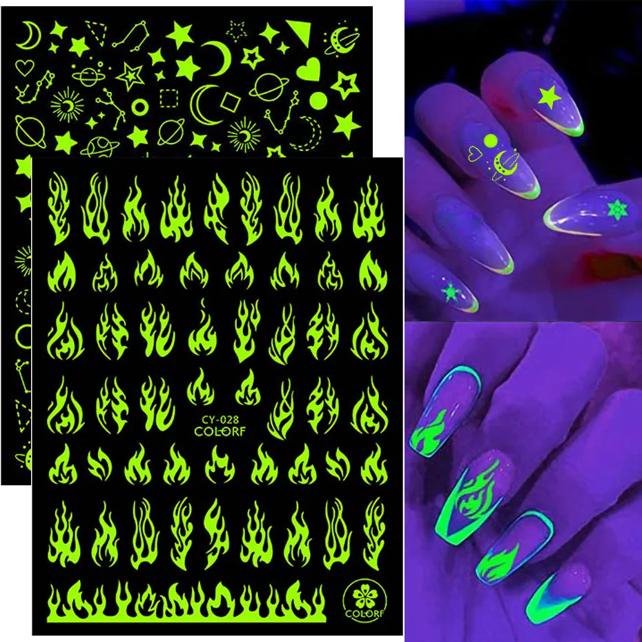 3d Luminous Nail Stickers Flame Butterfly Star Moon Summer Design Glow In The Dark Sliders Manicure Decorations Equipment | Красота и