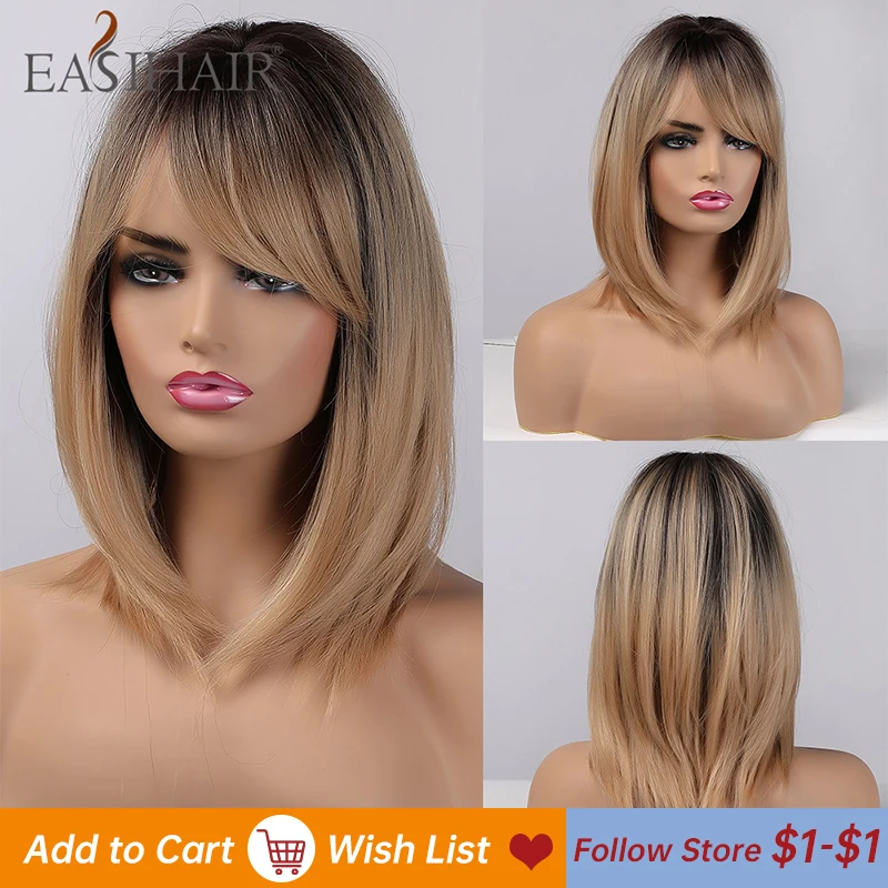EASIHAIR marrón Ombre pelucas de pelo sintético mujer Natural peluca con capas con flequillo resistente al calor peluca lindo Cosplay