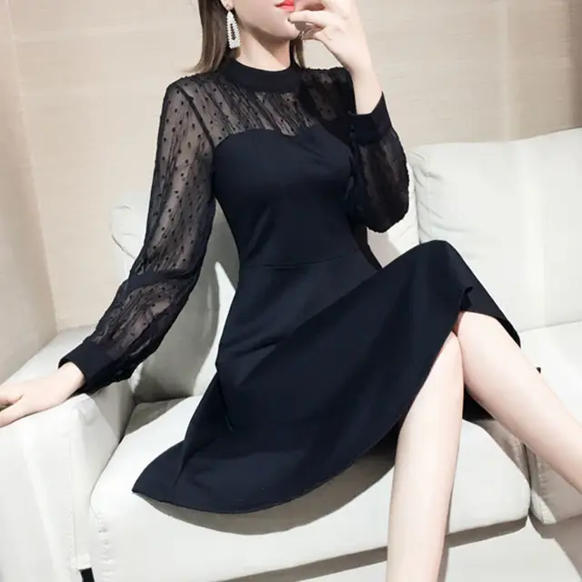 Women Black Plus Size Long Sleeve Lace Casual Office Elegant Slim Party Dresses 4