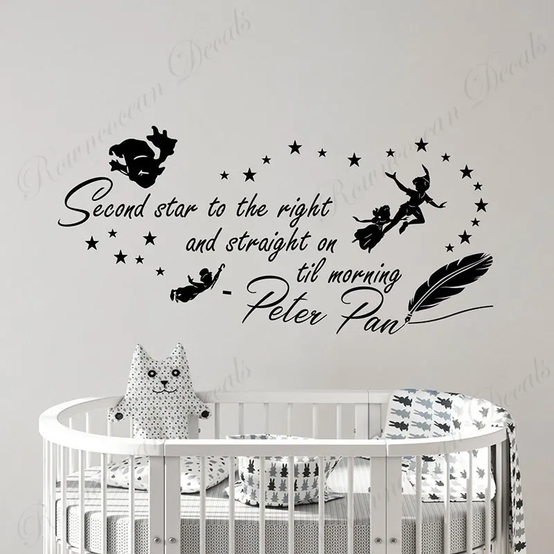 Second Star To The Right Quote Wall Decal Peter Pan Art Quote Sticker Vinyl  Home Decor Kids Room Bedroom Nursery Mural Wall 4636