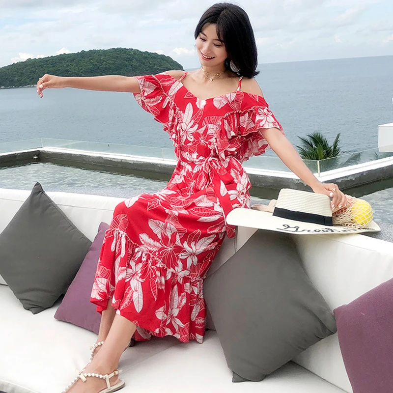 Summer Women Red Floral Print Straps Dress Cyan Boho Fairy Elegant Casual Vacation Tropical Beach Dress Vintage Runway Vestido