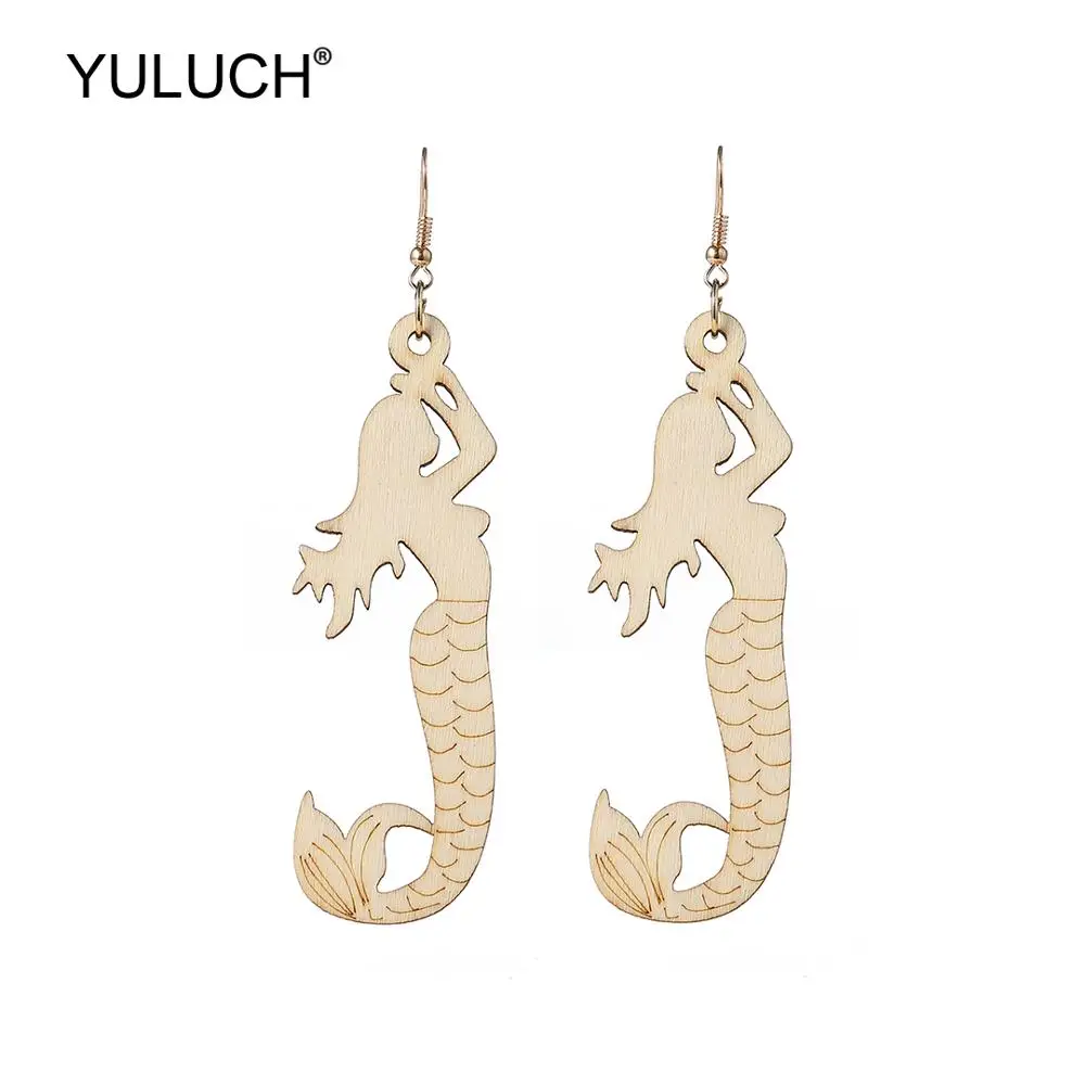 

YULUCH Ethnic African Indian Natural Wooden Carved Mermaid Pattern Long Pendant Dangle Drop Earrings Fashion Jewelry For Women