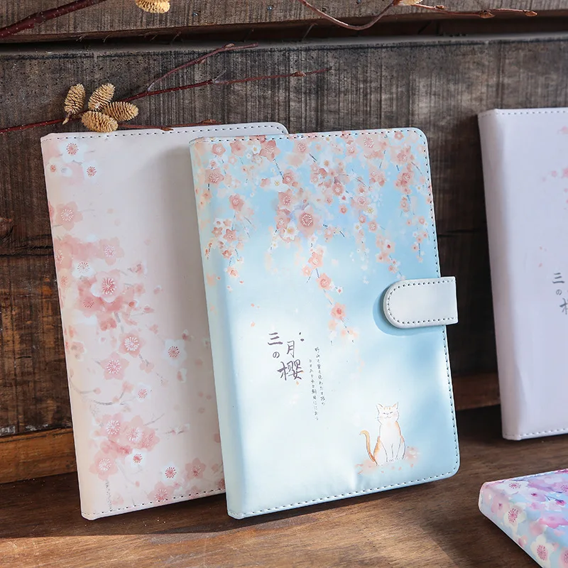 

March Cherry Paper Notebook Cute Girls Diary Planner Color Inside Page Bullet Journal Notepad Travel PU Notebook