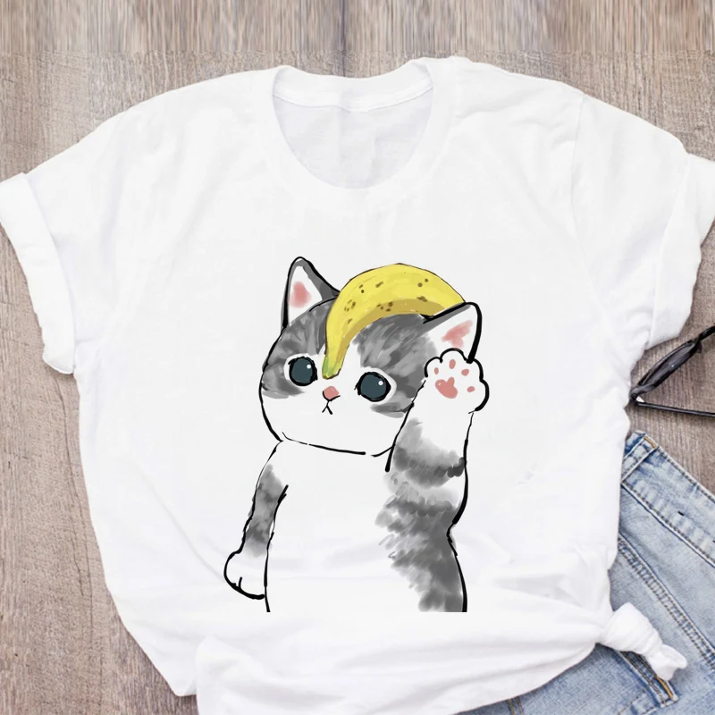 

Kawaii Cat Funny Cartoon Top Female T-shirt Harajuku Fashion 90s Print Women's T-shirts O-Neck Ladies Casual Tops Shirts