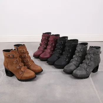 

2020 autumn new high heel women's fashion simple solid color retro style metal decorative casual high heels