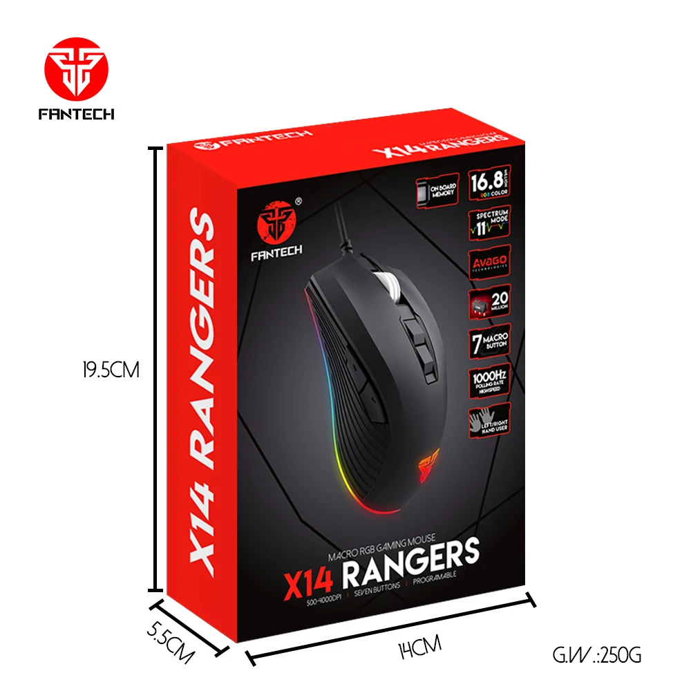 FANTECH X14 профессиональная Проводная игровая мышь, оптическая игровая мышь, регулируемая, 4000 dpi, 7 кнопок, Макросъемка, usb мышь для ПК, мышь для геймера