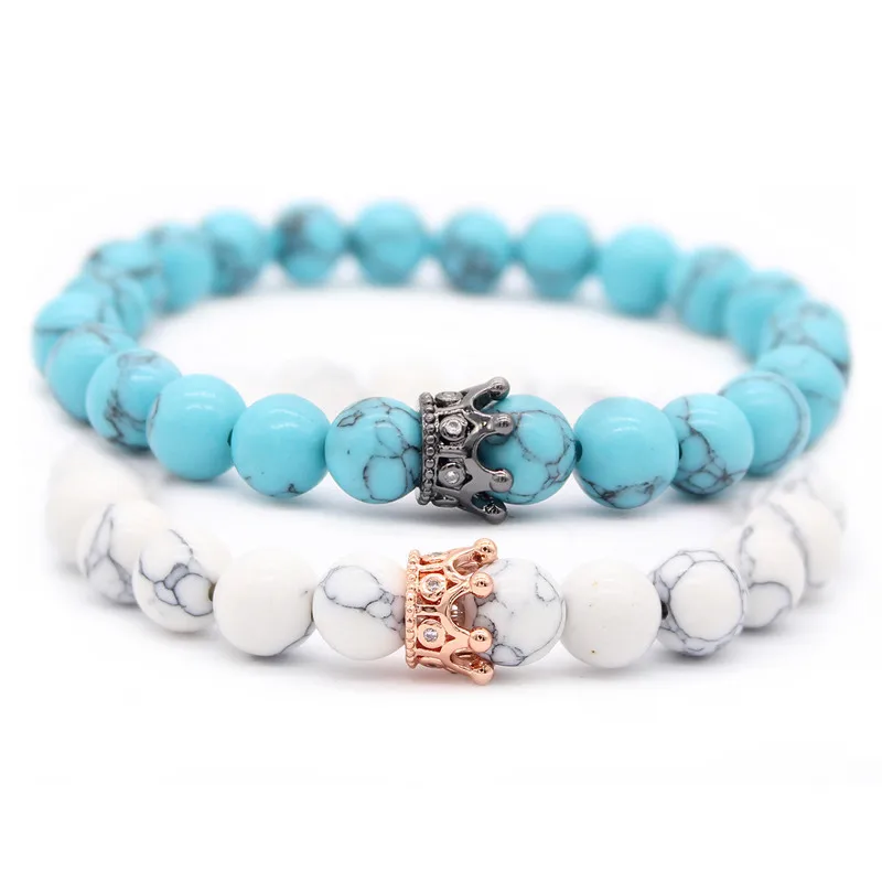 blue and white 8 мм браслеты с бусинами из натурального камня и браслеты Король Королева пара браслет для влюбленных его и ее ювелирные изделия ручной работы MBR180309 - Окраска металла: blue and white