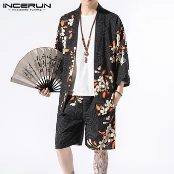 

INCERUN 2020 Chinese Style Printed Men Sets 3/4 Sleeve Shirts Loose Kimono Casual Shorts Streetwear Vintage Men Sets Plus Size