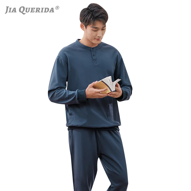 

Casual Men's Pajamas Long Sleeved Chic Standcollar Button Decorated Solid 100% Cotton Big Size Mens Pyjamas Man Night Home Suits