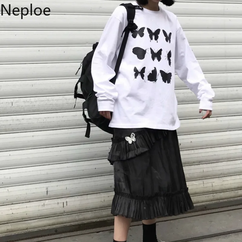 Neploe Ins Harajuku стиль уличная одежда для влюбленных унисекс футболки с круглым вырезом и принтом бабочки футболка с длинным рукавом низ Свободный Повседневный женский топ