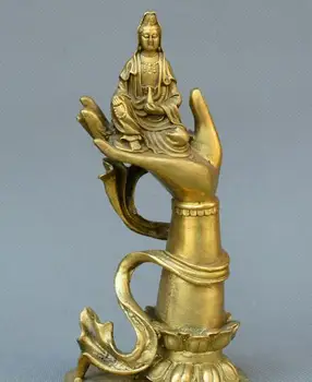 

Collect China old bronze carve lotus flower Buddha Hand Guanyin Kwan-yin statue