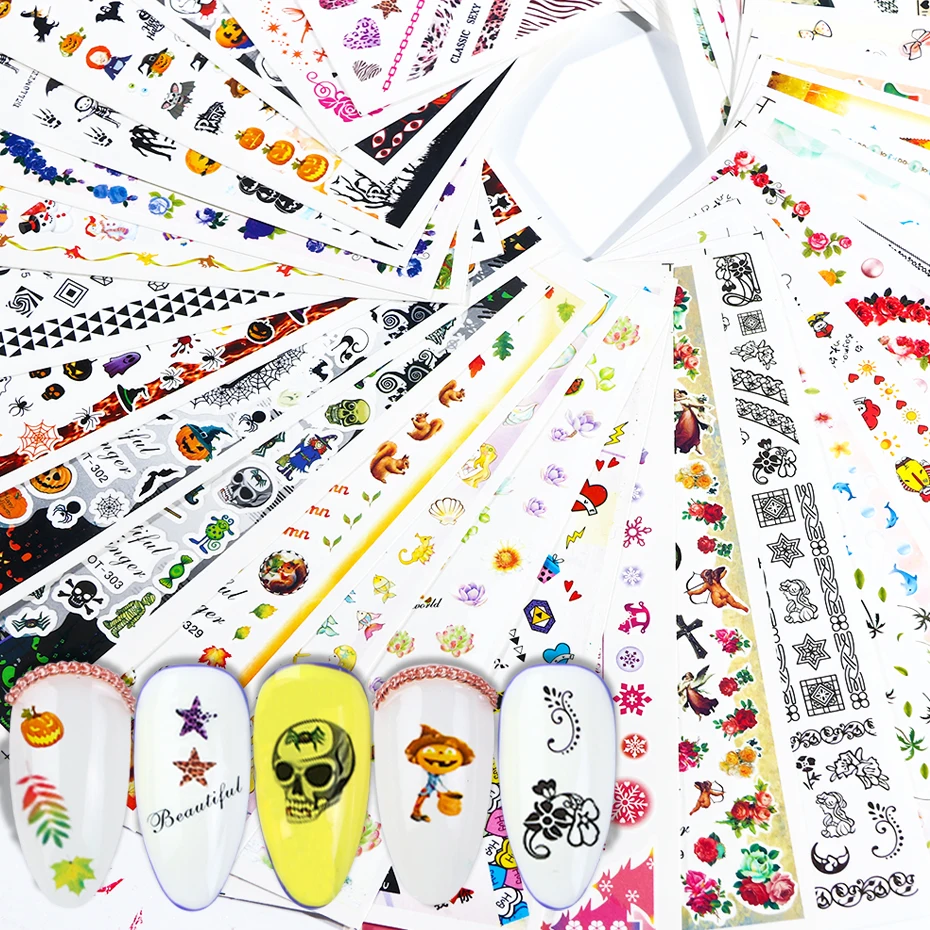 

50pcs/set Mix Designs Stickers For Nails Halloween Flowers Leaf Pumpkin Leopard Water Decal Slider Nail Art Wraps Tattoo BE2005