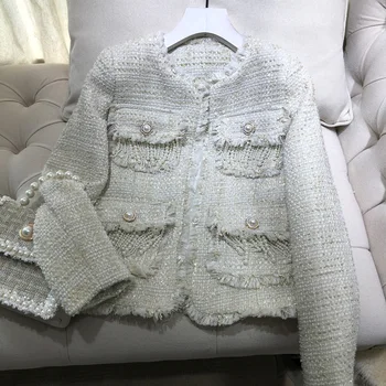 

New women s high end small fragrance short coat with temperament pearl fringed tweed jacket