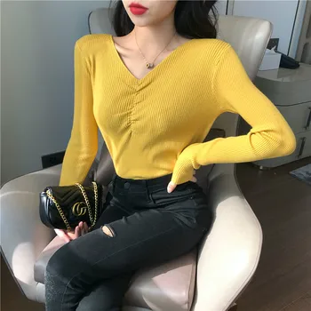 

4xl plus big size sweater women spring autumn winter 2020 knitwear pure color black yellow green v-neck sweaters female A5239