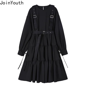 

Joinyouth 2020 Spring Retro Black Women Dress Korean Causal Long Sleeve O-neck Midi Dresses Ruffled Pleated Belt Vestidos 59422