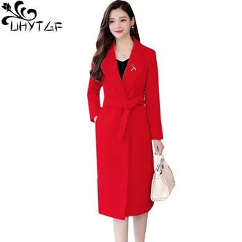 

UHYTGF Winter coats women fashion cardigan casual warm autumn wool coat lapels belt Thick loose plus size jacket long tops 1072