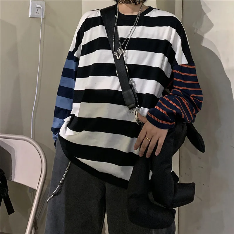 Lychee Harajuku цветная Лоскутная женская футболка, свободная полосатая Осенняя женская футболка с вырезом лодочкой, женские футболки, топы, футболки