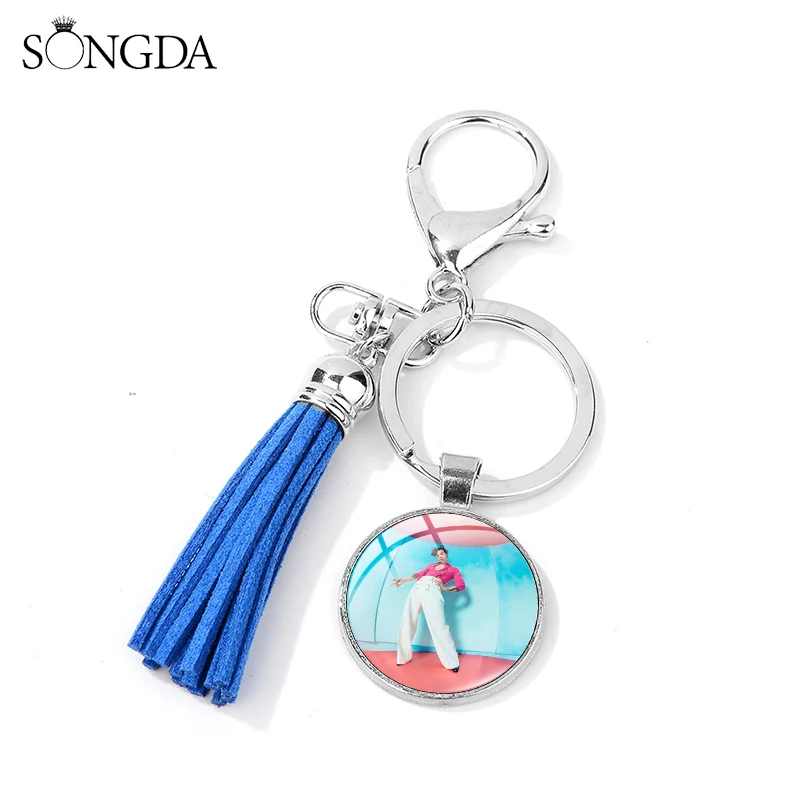 SONGDA Fashion Leather Tassel Key Chain Harry Styles Love On Tour 2020 Glass Dome Pendant Keychain For Women Men Key Accessories