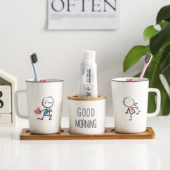 

Modern Home Decor Couple Bathroom Accessories Set Ceramic Cute Toothbrush Holder Toothpaste Dispenser Toilet Bamboo Tray Storage
