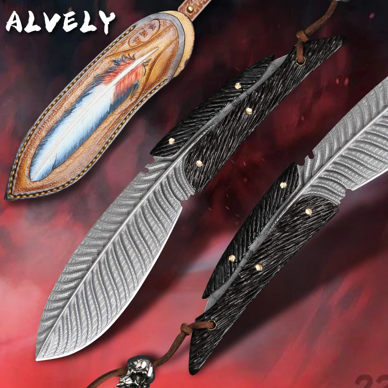 Японский нож из дамасской стали ALVELYJapanese ручной работы с фиксированным клинком