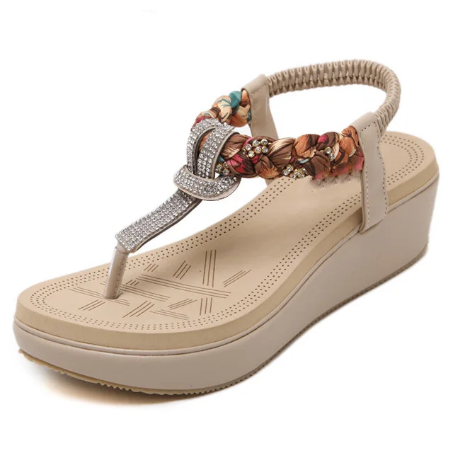 HOVINGE/Женская обувь; новые модные летние женские сандалии с эластичными ремнями и стразами; пляжная обувь для отдыха - Цвет: Бежевый