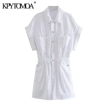 

KPYTOMOA Women 2020 Chic Fashion With Pockets Button-up Denim Playsuits Vintage Short Sleeve Elastic Waist Female Jumpsuit Mujer