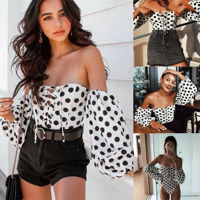 

2019 Women Fashion Polyester High Street Breathable Polka Dot Pattem Sleeve Bandage Jumpsuit Romper Leotard Top