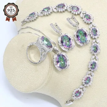 

Silver Color Wedding Jewelry Set for Women Multicolor Semi-precious Bracelet Earrings Necklace Pendant Ring Party Birthday Gift