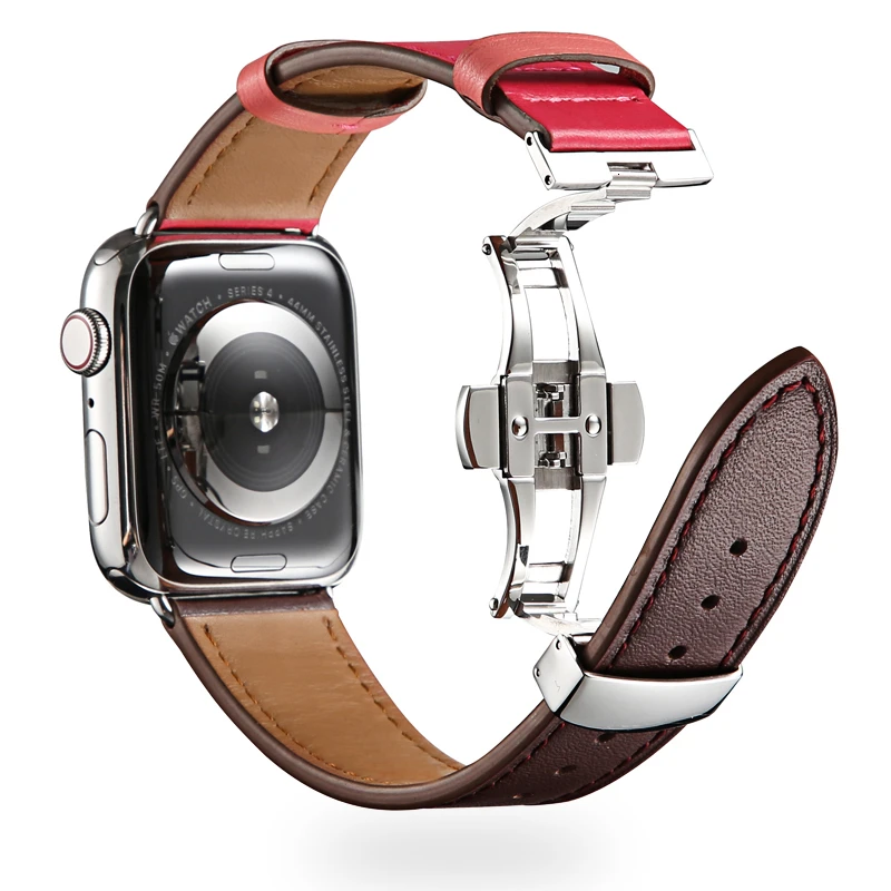 Ремешок из коровьей кожи для Apple Watch 44 мм iwatch series 5 4 3 2 1 Роскошная стальная пряжка 42 мм петля 38 мм Замена браслета 40 мм - Цвет ремешка: RoseWine Silver