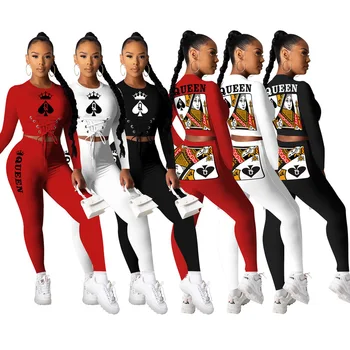 

Black Queen Letter Print Two Piece Set Women Tracksuit Lace Up Long Sleeve Crop Top and Sporty Jogger Sweatpant Activewear Suit