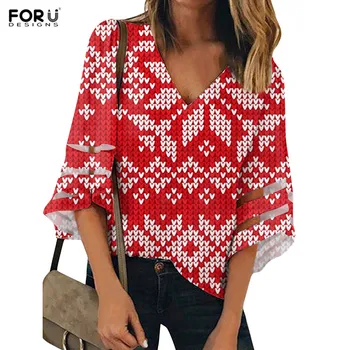 

FORUDEGINS Christmas Pattern Print Pattern Women's Shirt Loose Half Sleeve Soft Chiffon Female Spring Autumn Blouse ropa mujer