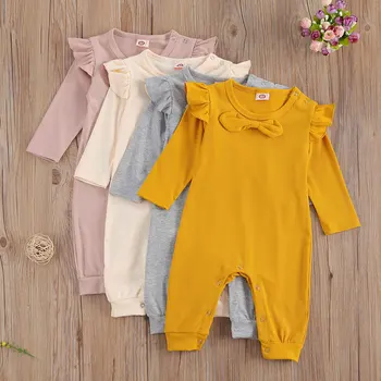 

2020 Autumn Baby Ramper Toddler Boy Girl Clothes Long-sleeve Bow Romper Jumpsuit Knit Bodysuit Outfits Solid Color