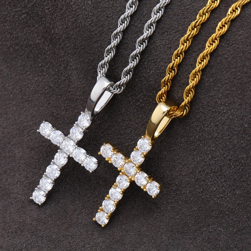 

S925 Fine Silver Micro Pave Moissanite High-End Solid Cross Pendant Europe And America Cool Hip Hop Retro Jesus Necklace