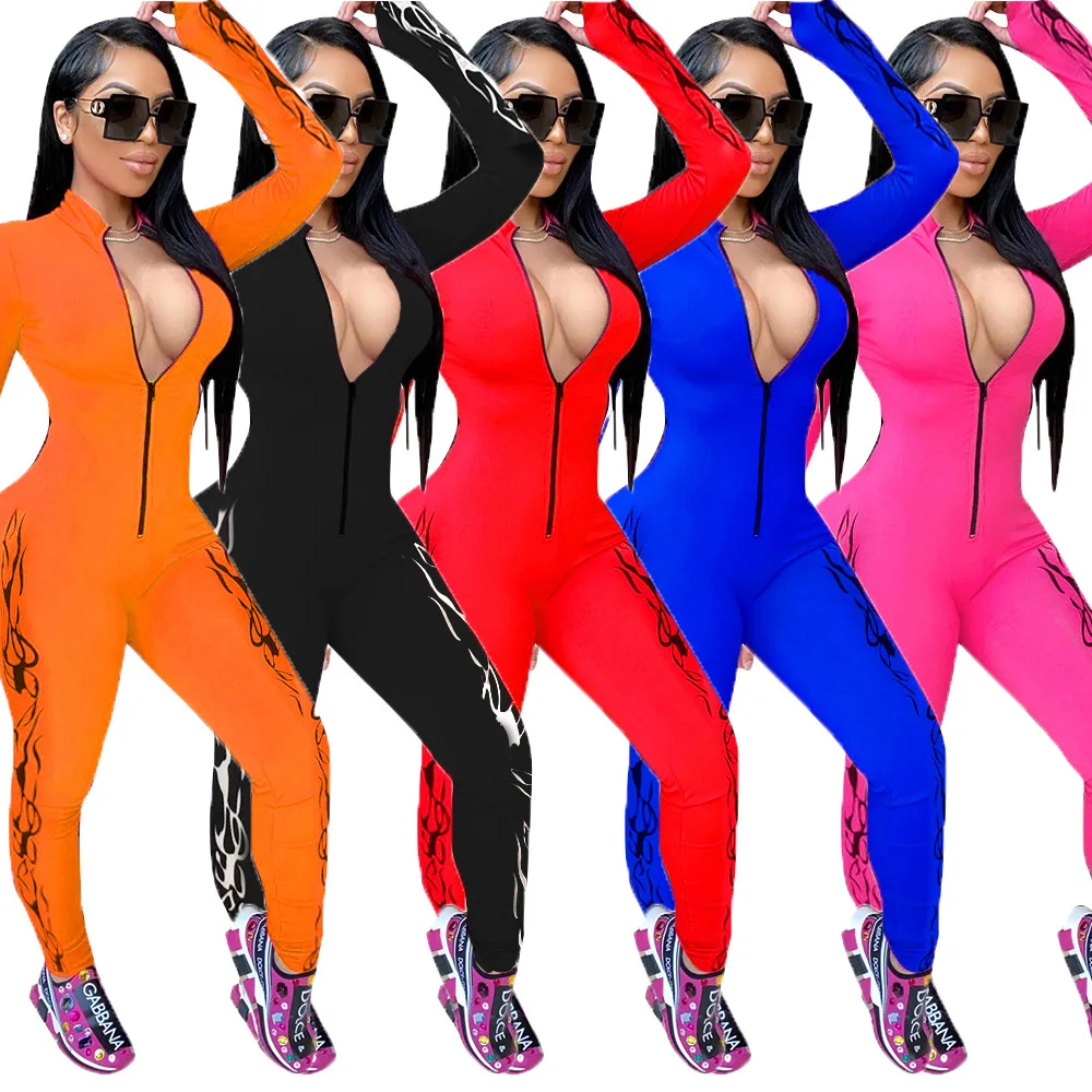 

Autumn Winter New Arrival Plus Size Solid Bodycon Women Jumpsuits Casual Front Zipper O-neck Long Sleeves Long Lenth Rampers
