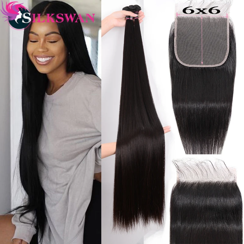 

6x6 Transparent Lace Closure with Bundles Straight Hair Bundles With Closure Brazilian Remy Hair Extensions 30 32 40 Inch Bundle