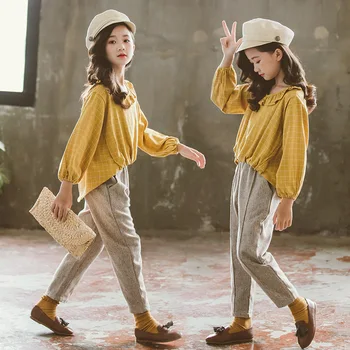 

Girls clothing sets 2020 new fashion teenage girls clothes school children outfits plaid shirt and pants kids 2 pieces suit