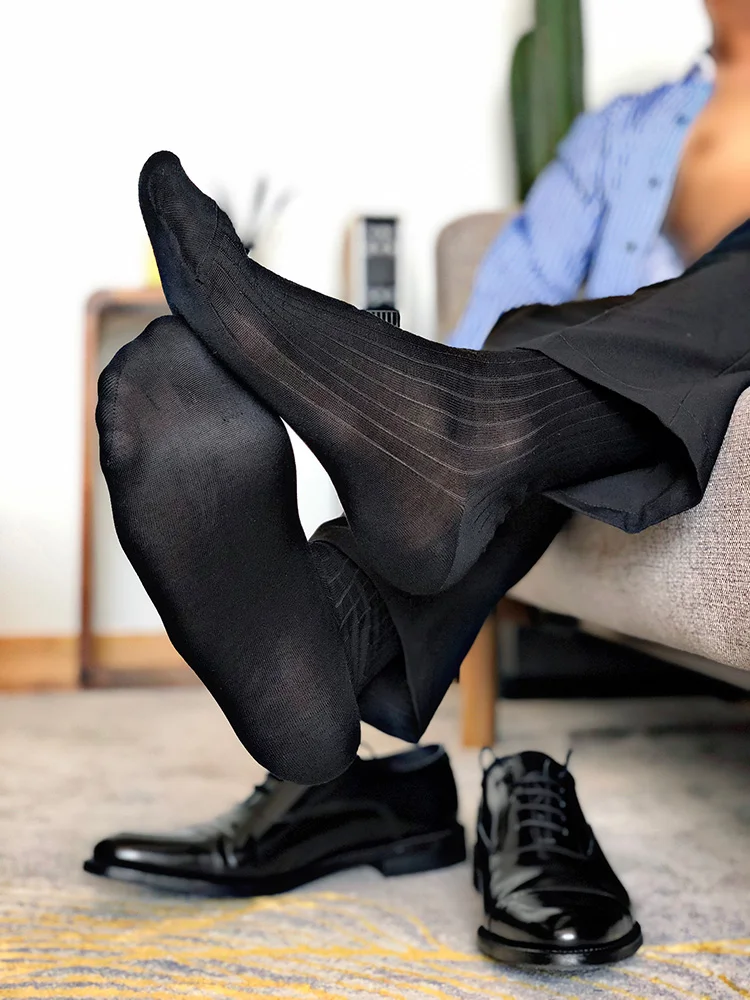 Мужские носки из мерсеризованного хлопка с текстурой темных полос, мужские носки для джентльменов, хлопковые носки средней длины, официальные черные носки