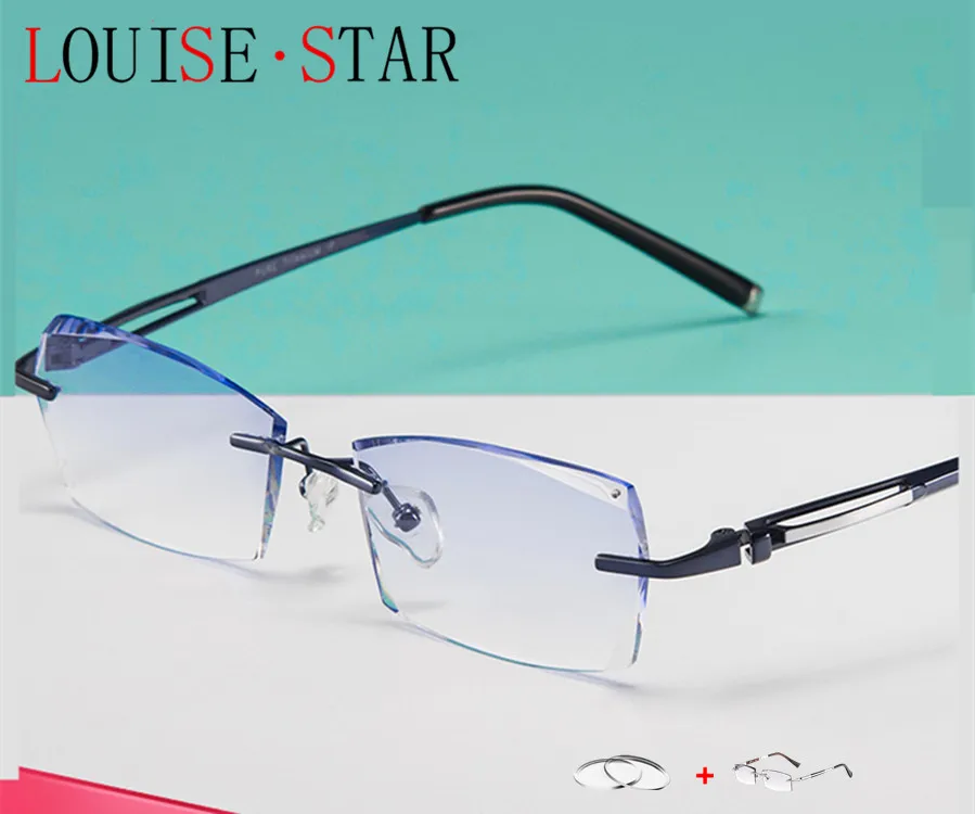 

Ultra Light Pure Titanium Business Fashion Big face Glasses Frame Diamond Progressive Blue Rimless Lens Prescription Frame